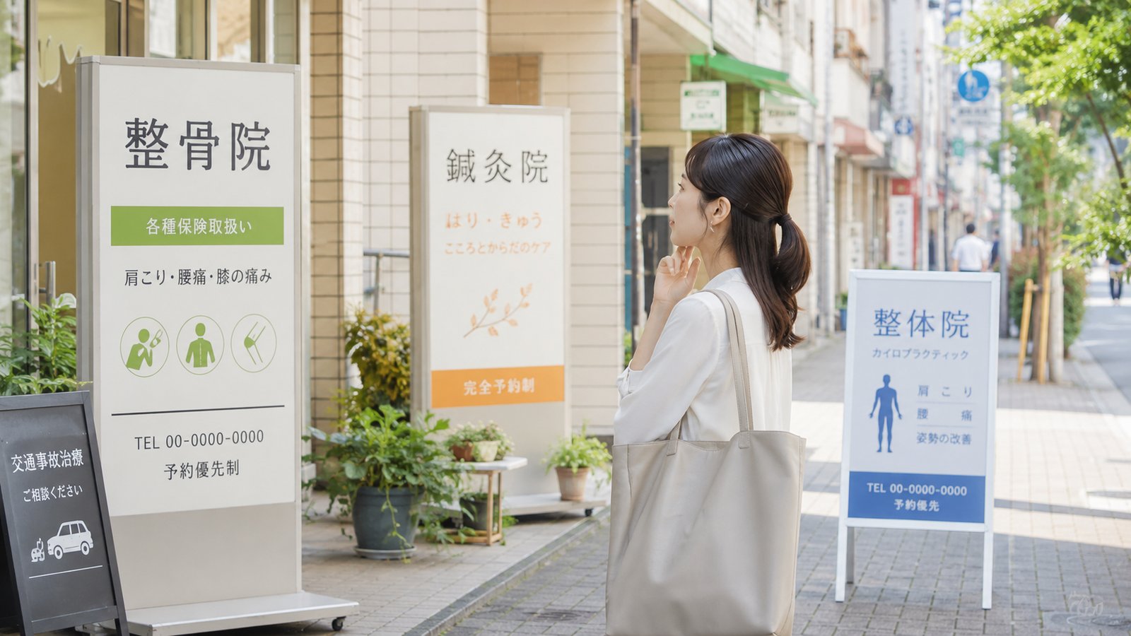 複数の治療院の看板を見て選ぶ様子